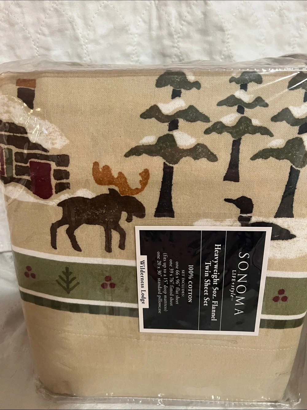 Sonoma Twin Flannel Sheet Set in Beige and Green